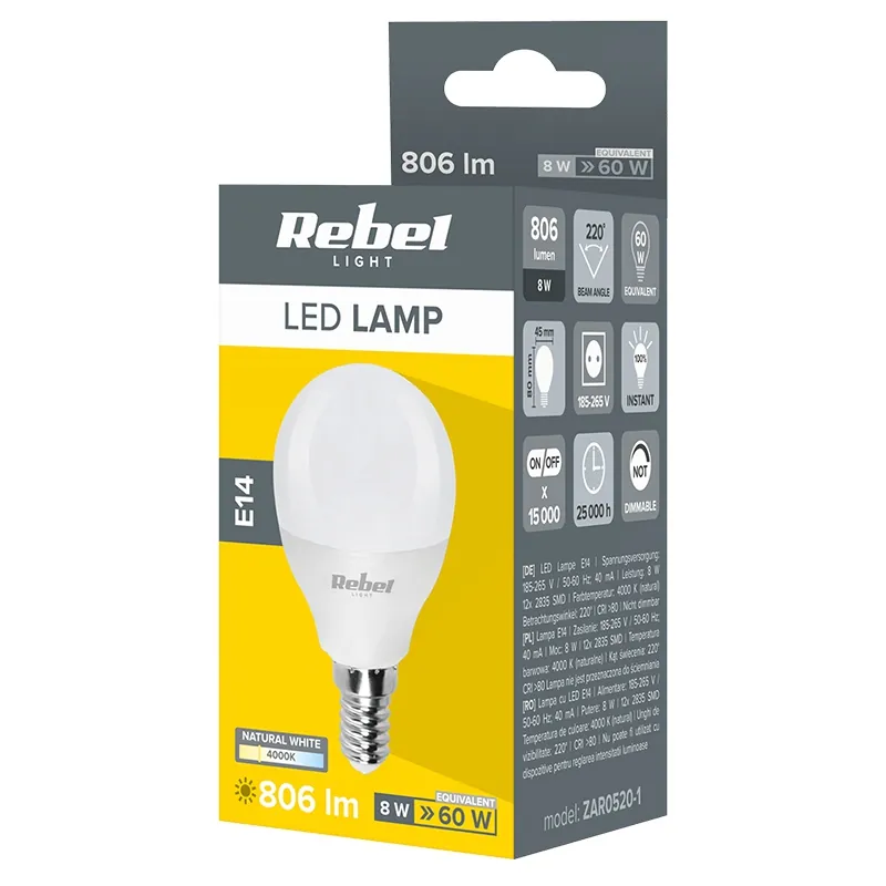 Bec LED G45 E14 8W 4000K 230V Rebel