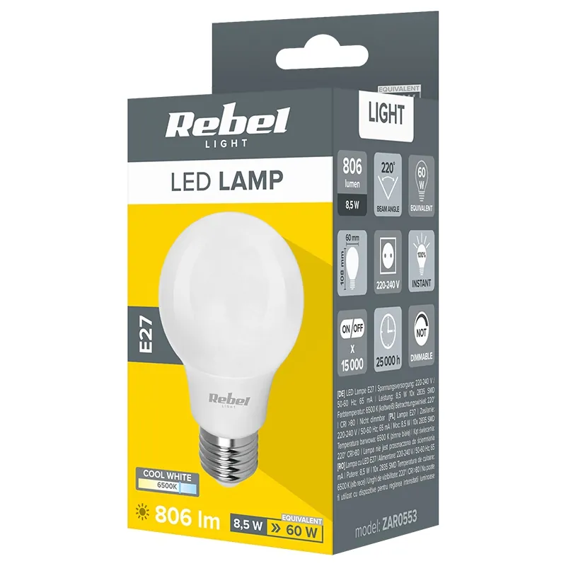 Bec LED A60 E27 8.5W 6500K 230V Rebel