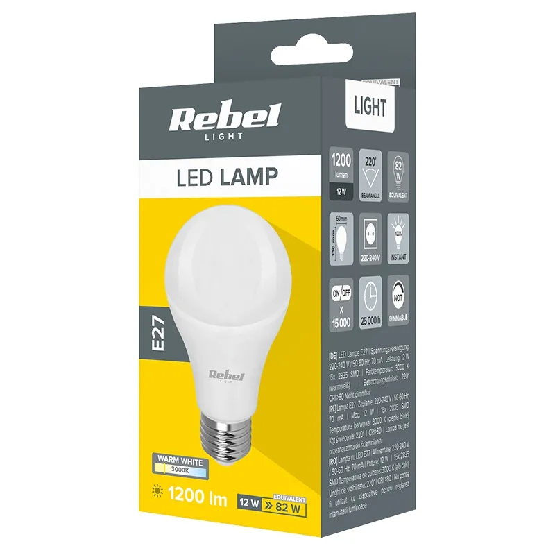Bec LED E27 A60 12W 230V 3000K Rebel