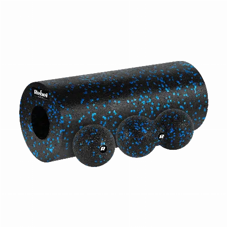 Set rola de masaj, minge, duoball REBEL ACTIVE, 3 elemente, negru-albastru