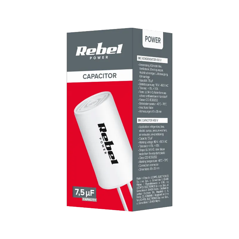 Condensator Rebel 7,5 uF 450 V pentru motoare monofazate