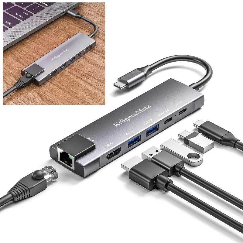 Adaptor Hub USB Tip C HDMI/2X USB3.0/2X USB Tip C/RJ45